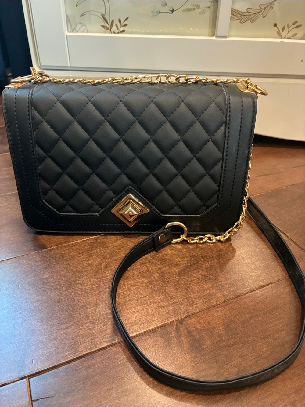 Quilted Black Chain Shoulder Bag with Gold Hardware